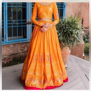 Vibrant Orange Embroidered Lehenga Large size extremely beautiful 3 piece